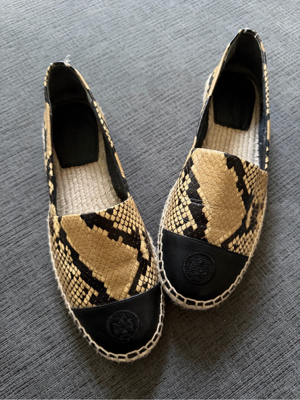 Tory Burch Snake-Print Espadrilles in Tan and Black